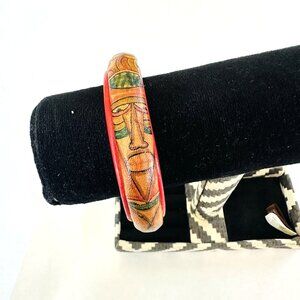 Vintage Leather Bracelet Tribal Mayan Native Bangle Hand Painted Warrior Faces